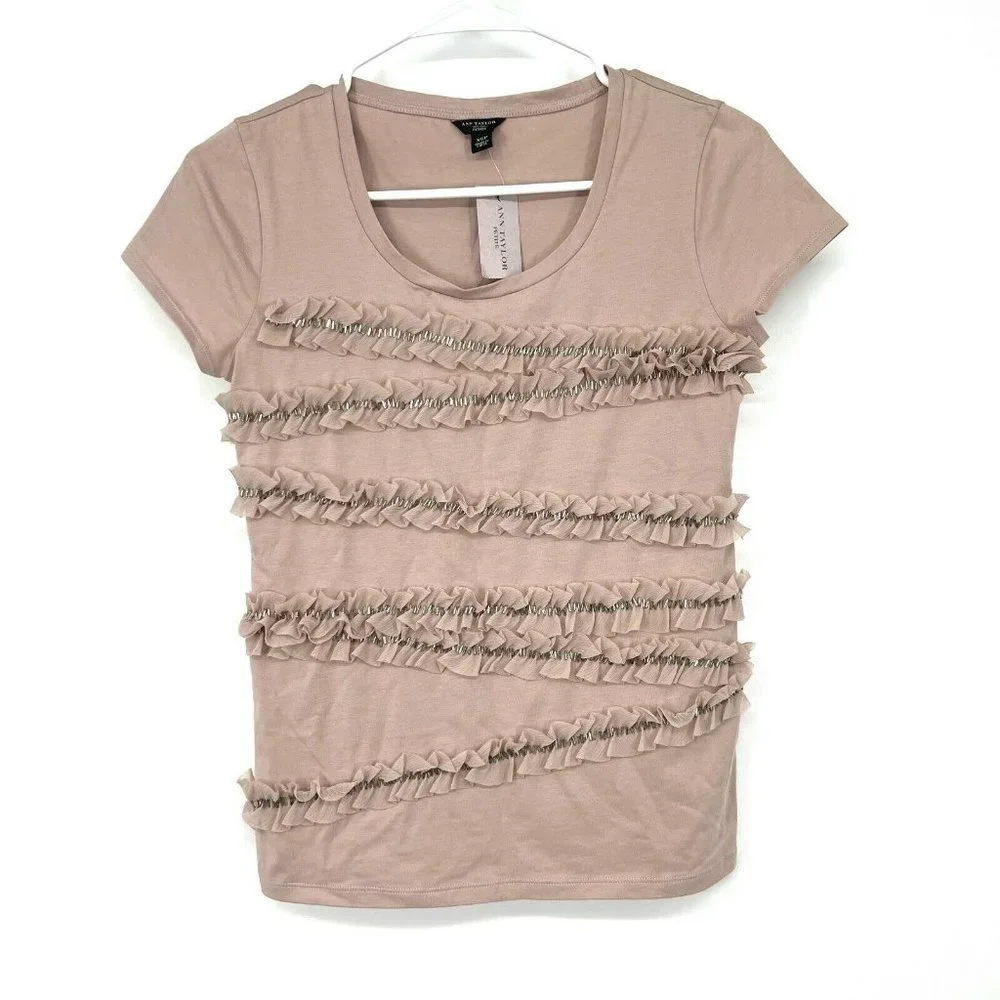 Ann Taylor Top Pink Beaded Ruffle Short Sleeve Tee CrewNeck NWT
